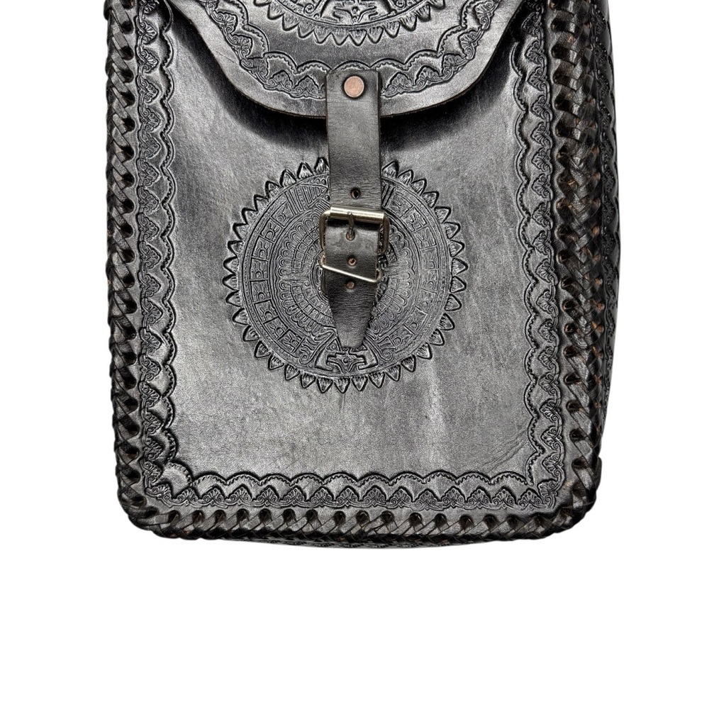 Hand Tooled Mexican Leather Crossbody Bag Black Artisan Boho Satchel OS - Picture 6 of 10